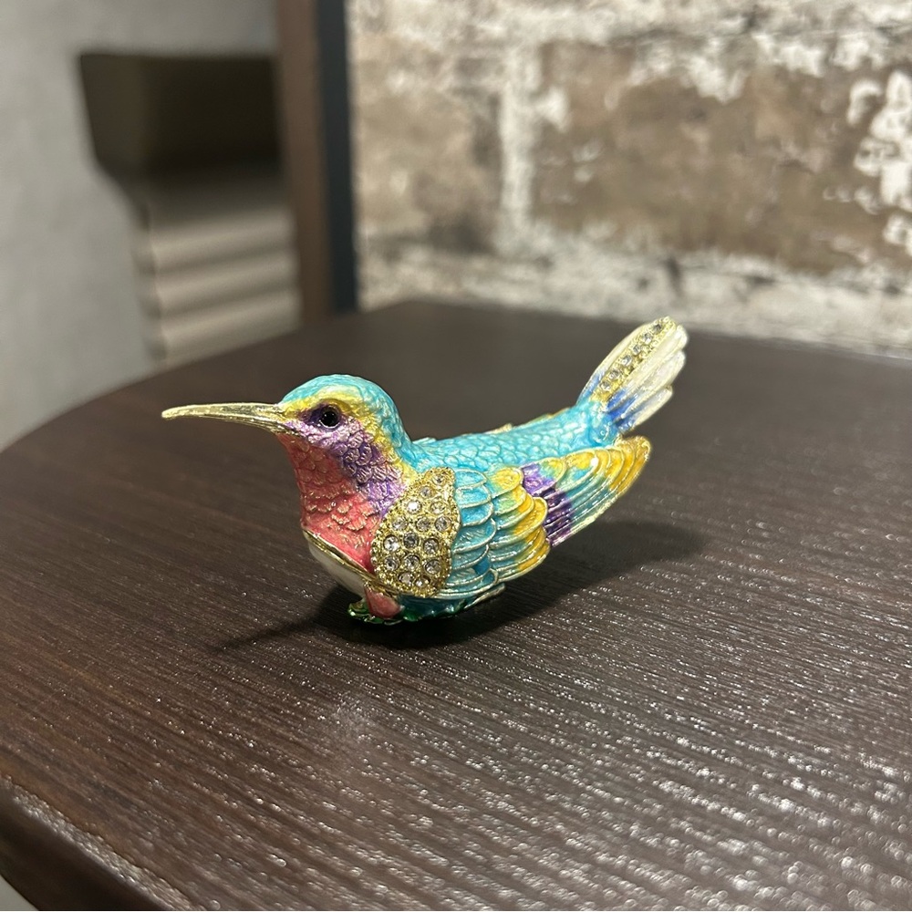Hummingbird Blue - Enamel & Crystal Trinket Keeper Box Tchotchke Figure